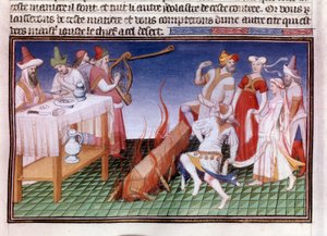 Beerdigungszeremonie in der chinesischen Provinz Tangut (Gansu): Einäscherungsszene. Miniatur in „Das Buch der Wunder“ (Devisement of the World, Il Milione) Manuskript fr.2810, illuminiert vom Meister von Boucicaut und geschrieben von Marco Polo von (and workshop) Boucicaut Master