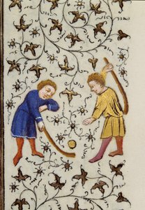 Das Einseiten-Puckspiel. Detail aus dem Manuskript „Les Tres Riches Heures des Herzogs von Guise“ illuminiert vom Meister von Boucicaut. 15. Jahrhundert. Musée Condé, Chantilly von (and workshop) Boucicaut Master