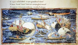 Segelschiffe, Illustration für die Aeneis, episches Gedicht von Virgil von (attr. to) Apollonio di Giovanni