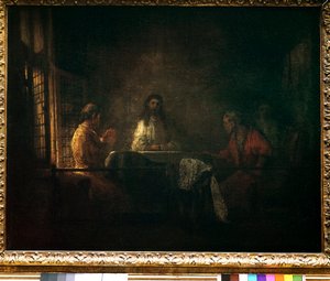 Die Pilger von Emmaus. Christus erscheint den Pilgern, die an einem Tisch in einem Gasthaus in Emmaus sitzen. Gemälde aus der Werkstatt von Rembrandt (1606-1669)