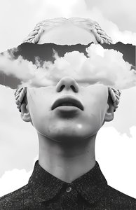 Papiercollage Kunst, Wolke und abstraktes Frauenporträt