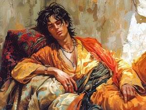 Cyberpunk figurative Wandkunstdrucke: Porträt einer liegenden Figur