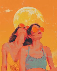 Abstraktes Porträt: Zwei Frauen mit Sonnenbrillen und Sonnenuntergang im Hintergrund