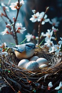 Vogel, der Eier ausbrütet, umgeben von weißen Blumen