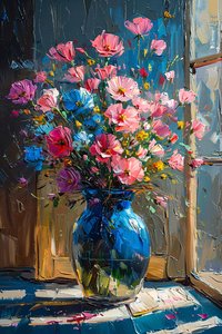 Ölgemälde von unordentlichen rosa & blauen Blumen