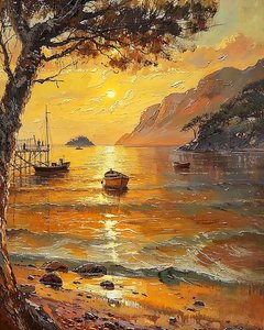 Strand und Boote, Sonnenuntergang am Abend