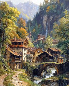 Ein mittelalterliches Dorf und ein Steinbogen zwischen den Bergen von F. Abderrahim