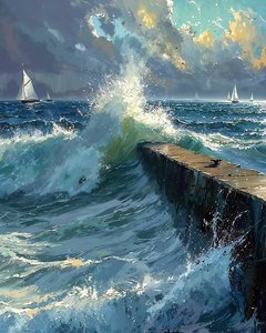 Raue Wellen und Boote am Horizont von F. Abderrahim