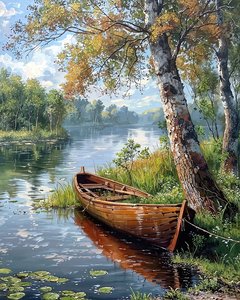 Schöne Landschaft mit einem Fluss und Boot
