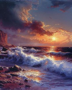 Zarte Zeichnung von Wellen bei Sonnenuntergang am Meer von F. Abderrahim