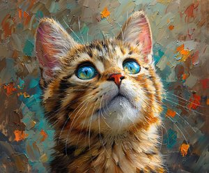 Eine niedliche Katze mit blauen Augen, die nach oben schaut, Nahaufnahme Tiergesicht, Wanddekoration