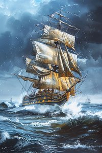 Ein Ölgemälde einer Fregatte mit vollen Segeln inmitten der Wellen einer rauen See