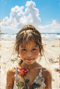 Schönes Mädchen hält Rosen am Meer, Leinwanddruck  Wanddekoration