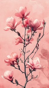 Minimalistische rosa  graue Blumen, Botanischer Wandschmuck für das Schlafzimmer