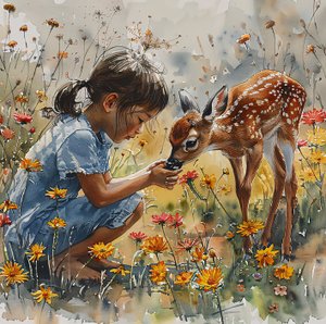 Aquarell Mädchen füttert ein Rehbaby, gefleckte Rehe