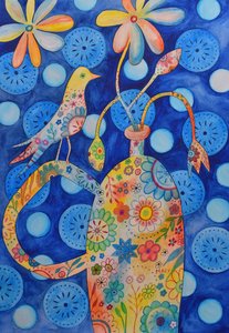 Vogel auf Blumenvase
