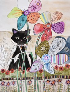 Katze hinter Blumen