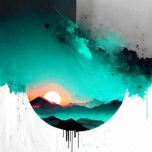Abstrakter minimalistischer Sonnenaufgang auf Weiß mit Türkisakzenten von F. Abderrahim