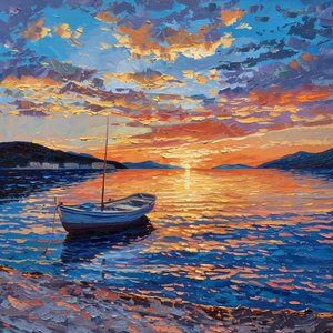 Boot auf Fluss bei Sonnenuntergang Schön, Dalmatien, Kroatien Öl auf Leinwand, Wanddekoration zum Verkauf von F. Abderrahim