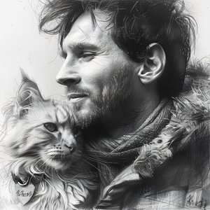 Katze mit Messi Fußballer, Moderne Wanddekoration | Print on Demand von F. Abderrahim