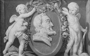 Büste von Henri IV in ovalem Medaillon mit blauem Grund, unterstützt von zwei Putten, 18. Jahrhundert