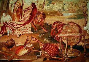 Europa, aus einem Wandteppich der vier Ecken der Welt, Detail der Musikinstrumente unten rechts, Anfang des 18. Jahrhunderts von A. Baertams