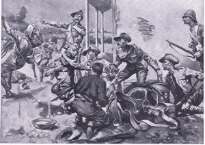 Der Angriff auf Hamel Fontein Farm, aus After Pretoria: Der Guerillakrieg veröffentlicht von Harmsworth Bros Limited, 1901 von A. C. Ball