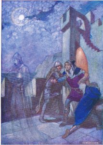 "Aus ihnen hervorbrechend, folgte Hamlet wohin auch immer der Geist führte", aus Tales from Shakespeare, veröffentlicht von Ward Lock & Co Ltd, 1930-40er Jahre von A. Jackson