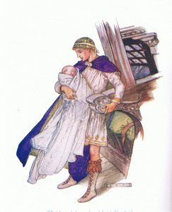 Pericles nahm das neugeborene Kind in seine Arme (Pericles, Prinz von Tyrus), aus Geschichten von Shakespeare, veröffentlicht von Ward Lock & Co Ltd
