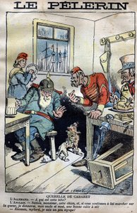Cabaret Querelle: Karikatur über die Kolonialkriege zwischen England, Deutschland, Frankreich und den Vereinigten Staaten um die Situation in Fachoda in Afrika. Gravur von Lemot in „Le Pèlerin“ vom 23. April 1899 (Die Fachoda-Krise: schwerer diplomatischer von A Lemot