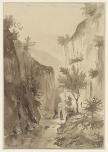 Fluss zwischen bewachsenen Felsen; rechts ein Weg