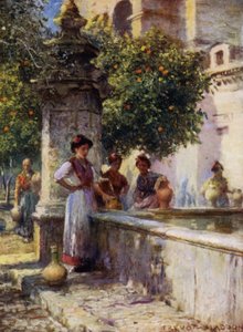 Córdoba, Brunnen im Patio de los Naranjos (Farblithografie) von A. Trevor Haddon