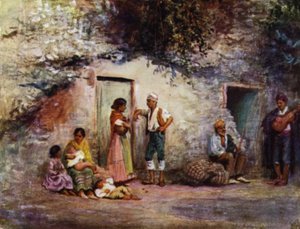 Granada, Zigeuner an den Türen ihrer Höhlen (Farblithografie)