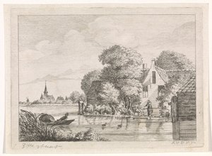 Angler und eine Frau vor einem Haus von A. van de Velde