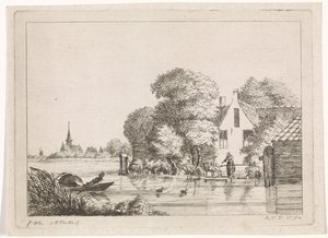 Angler und eine Frau vor einem Haus von A. van de Velde