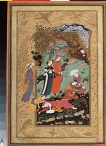 Persische Kunst: Festszene des Adels, einer der Gäste liegt betrunken und bewusstlos. Miniatur in Gouache und Gold von Riza Abbasi (1565-1635) 1612. Eremitage, Sankt Petersburg von Abassi Riza