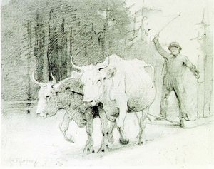 Ein französischer Bauer, der Ochsen treibt