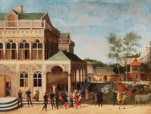 Eine elegante Loggia mit dem Heiratsantrag von Isaak an Rebekka, 1616