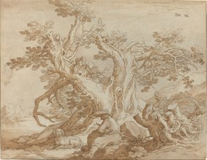Landschaft mit sitzender Figur und Hund