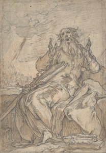 Heiliger Paulus sitzend, mit seiner Bekehrung im Hintergrund, spätes 16. bis mittleres 17. Jahrhundert von Abraham Bloemaert