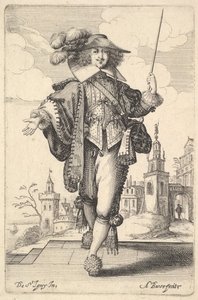 Ein Herr, der vorwärts geht, mit ausgestrecktem rechten Arm und einer Peitsche in der linken Hand, 1629