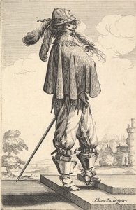 Ein Herr mit kurzem Mantel, Helm und Sporenstiefeln, stehend auf den Stufen und..., 1629 von Abraham Bosse
