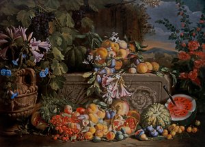 Stillleben mit Kirschen, Wassermelone, Pfirsichen, Aprikosen, Pflaumen, Granatäpfeln und Figuren