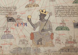 Detail aus dem Katalanischen Atlas, Blatt 6, zeigt Mansa Musa auf dem Thron, 1375