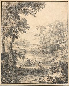 Flusslandschaft mit zwei Figuren im Vordergrund, Burg in der Ferne