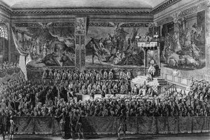 Erste Französische Revolution: Bett der Gerechtigkeit in Versailles am 6. August 1787 durch den König von Frankreich Ludwig XVI. (Zeichnung und Gravur)