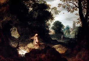 Felsige Landschaft mit dem heiligen Franziskus, frühes 17. Jahrhundert