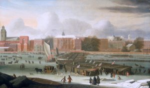 Ein Frostjahrmarkt auf der Themse bei Temple Stairs, ca. 1684