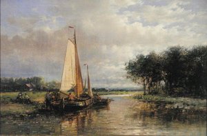 Niederländische Lastkähne auf einem Fluss (Öl auf Leinwand)