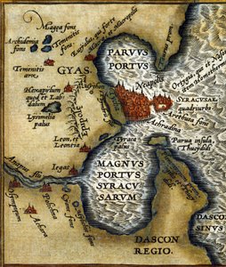 Ehemaliger Hafen von Syrakus (Sizilien) - in „Atlas“ von Abrahm Ortelius